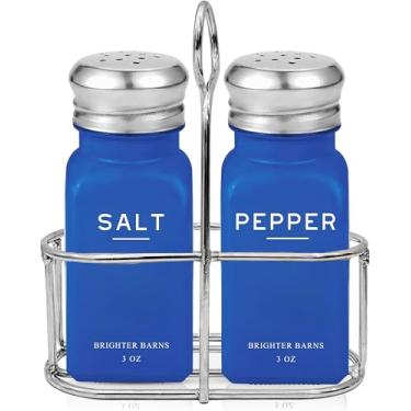 Imagem de Conjunto de saleiro e pimenteiro azul com suporte da Brighter Barns - Saleiro de vidro com suporte - decoração de cozinha moderna, decoração de mesa de jantar, acessórios de cozinha fofos para