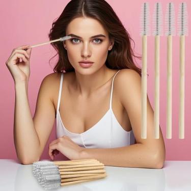 Imagem de 50 peças de varinhas de rímel descartáveis para escova de cílios para extensão de cílios e sobrancelhas bastão de bambu (branco)