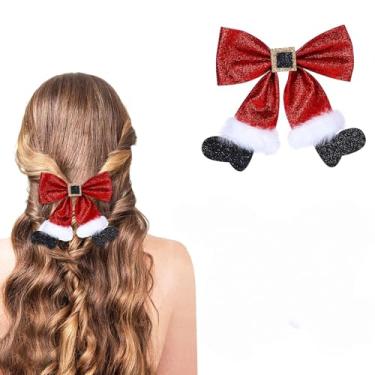 Imagem de Grampo de cabelo de Natal - Laço vermelho brilhante com fivela dourada e pingente de chapéu de Papai Noel, clipe de bico de pato com lantejoulas brilhantes para mulheres, acessórios de cabelo para