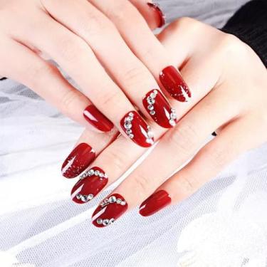 Imagem de Unhas postiças curtas médias redondas vermelhas bordô com design de strass 3D cobertura completa cola em bastão falso artificial unhas de acrílico para mulheres, casamento, 24 peças
