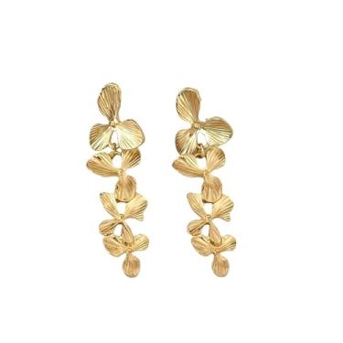 Imagem de Brincos de pressão florais dourados para mulheres, brincos modernos com pingente de flor, vintage, joia de orelha sem piercing, Zinco, Sem pedra preciosa