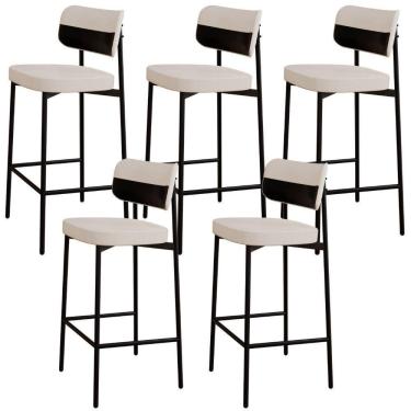 Imagem de Kit 05 Banquetas Alta Bar Cozinha Sala De Jantar Aço Preto Kaira C01 Linho Palha Courino Preto - Lyam Decor