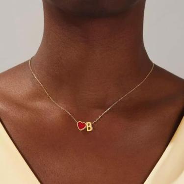 Imagem de Colar feminino com inicial de coração, pingente de letra A a Z, pingente de coração vermelho, joia banhada a ouro, colar de presente personalizado, 18+2in, Aço inoxidável, Sem Pedra Preciosa