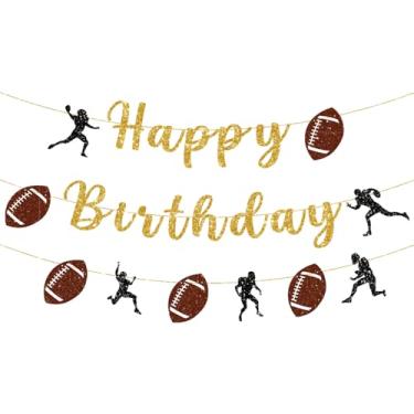 Imagem de Banner pré-amarrado de futebol feliz aniversário silhueta de jogador de futebol com glitter para tema esportivo suprimentos de festa de aniversário (dourado, preto)