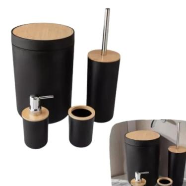 Imagem de Kit Banheiro Moderno, Conjunto 4 Peças com Lixeira 5L, Saboneteira, Preto com Tampa Bambu, Dimensões 28.5x19cm
