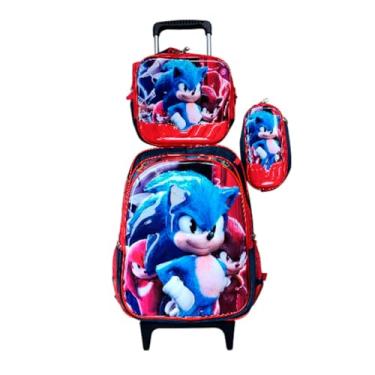Imagem de Kit Mochila com Rodinhas do Sonic 3 3D Alto Relevo + Lancheira Térmica + Estojo Escolar Infantil