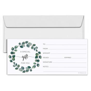 Imagem de 321Done Vales de presente em branco com envelopes, feitos nos EUA – 10 x 23 cm, design de grinalda de vegetação, vouchers para férias, Natal, pequenas empresas, spa, salão de beleza – pacote com 24