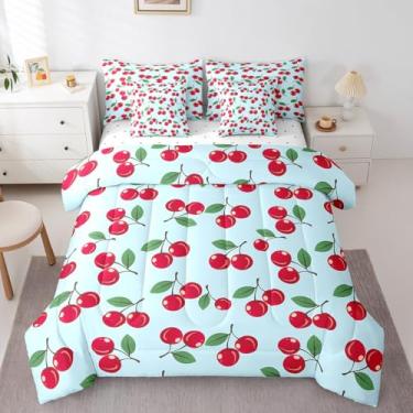 Imagem de Erosebridal Jogo de cama com estampa kawaii de cerejeira vermelha, 7 peças, lençol com estampa kawaii, frutas e cereja, tamanho casal, para crianças, meninos e meninas