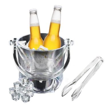 Imagem de WELKOR Balde de gelo de cristal com alça e pinça - Baldes de gelo de champanhe transparente de plástico de 1,1 L para festas, cerveja, vinho, bebidas, coquetéis, refrigerante, suprimentos de bar