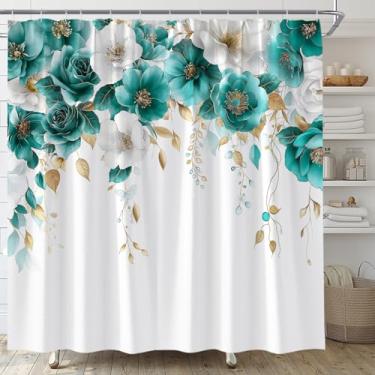 Imagem de Cortina de chuveiro floral azul-petróleo e branco azul-petróleo flor aquarela planta rosa eucalipto folha primavera verão conjunto de cortina de banheiro com ganchos