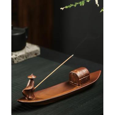 Imagem de TEAVOR Suporte de incenso zen – Samurai guerreiro de cerâmica em barco à deriva, figura mestre de Kung Fu para meditação, ioga e decoração de casa
