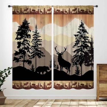 Imagem de Lnepty Cortinas rústicas de janela de veado, silhueta retrô de animais selvagens, montanha, floresta, fazenda, campo, marrom, madeira, celeiro, tratamentos para cozinha, quarto, sala de estar
