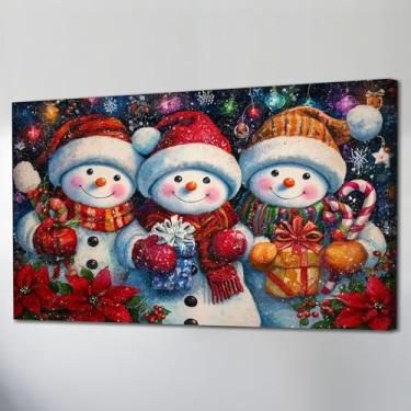 Imagem de KISTIKAT Arte de parede em tela de boneco de neve de Natal, 3 estampas de pôsteres fofos de bonecos de neve e chapéus de Papai Noel, pintura colorida de inverno vintage, pôster de arte estética de