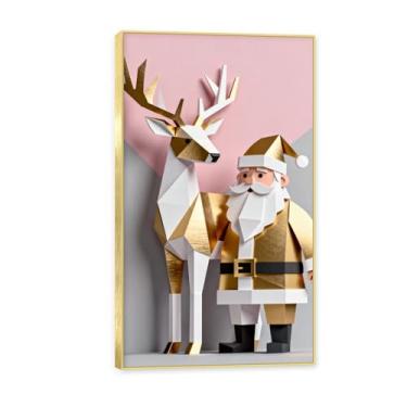 Imagem de Moldura dourada. Arte moderna de presente de Natal, arte geométrica de árvore rosa empoeirada e dourada, tela emoldurada pronta para pendurar para uma casa de férias elegante. A55. 30x54cm-11,8x21,2in