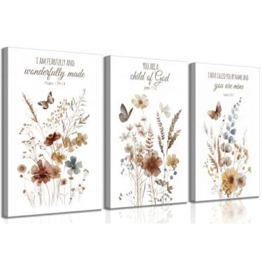 Imagem de 3 peças arte de parede em tela floral para berçário cristão versículo bíblico flores silvestres borboleta pôster pintura imagem decoração de parede impressão para quarto de bebê menina quarto