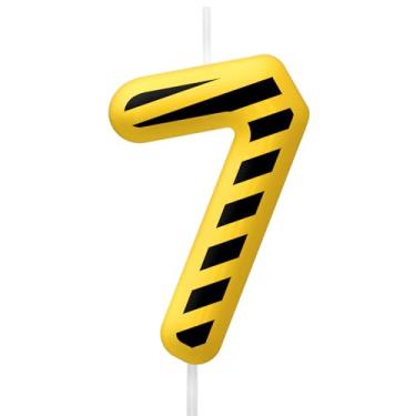 Imagem de Velas de aniversário de construção, velas de números 7, topo de bolo listrado amarelo e preto para meninos e meninas, decoração de artigos de festa de aniversário de construção