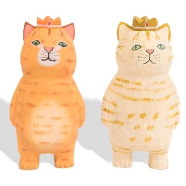 Imagem de Pacote com 2 estatuetas de gato de madeira feitas à mão – Estátuas de gatinho em miniatura brancas e amarelas – Colecionáveis decorativos vintage para amantes de gatos, decoração de casa, escritório