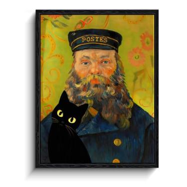 Imagem de CYFDYVT Arte de parede engraçada de gato preto, 20 x 25 cm Van Gogh "Postman Joseph Roulin" impressão de arte texturizada inspirada, gato brincalhão com retrato de carteiro barbudo, decoração de