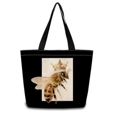 Imagem de ZhuVantrix Bolsa de ombro Queen Bee fofa estética para compras com bolso interno com zíper, leve e lavável, elegante, coroa de rainha, presente de abelha para mulheres amigas