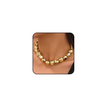 Imagem de Navirix Colar feminino grosso geométrico, com contas, contas redondas irregulares, banhadas a ouro 14 K, joias modernas hip hop, presentes, Large, Metal, Sem Pedra Preciosa
