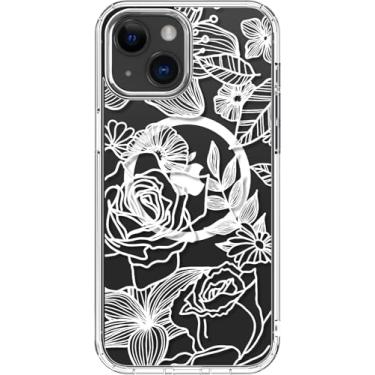 Imagem de ICEDIO Capa para iPhone 13 com protetor de tela - compatível com carregamento sem fio, proteção aprimorada da câmera, ajuste fino - capa transparente com design floral moderno para mulheres - Elegante