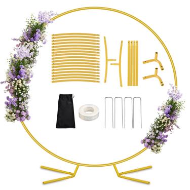 Imagem de Suporte de fundo de arco circular de 2,5 m para festas, kit de suporte de arco de balão redondo com base, armação de arco de casamento de metal dourado resistente para cerimônia, aniversário, chá de