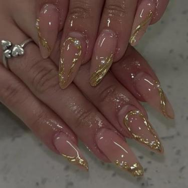 Imagem de Pregos postiços médios longos com glitter dourado amêndoa com pérola simples Desien 3D cobertura completa cola acrílica falsa em unha para mulheres, 24 peças