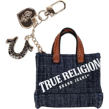 Imagem de True Religion Pingente mini bolsa jeans, chaveiro dourado com pingentes de coração e ferradura, alças marrons, jeans escuro
