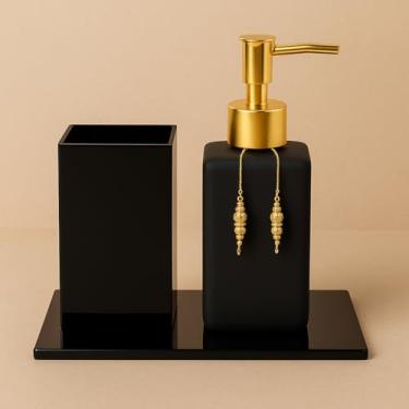 Imagem de Kit Lavabo Square 250ml com Porta Escova, Saboneteira e Bandeja Luxo(Preto Fosco C/Dourado)