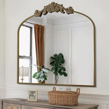 Imagem de Espelho de parede arqueado, espelho de banheiro esculpido vintage 76.2 cm x 91.4 cm Bronze moldura de metal antigo espelho de parede para quarto, sala de estar, entrada, lareira, corredor