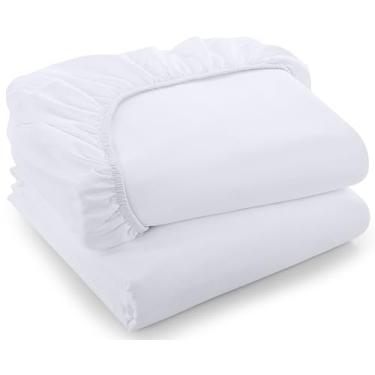 Imagem de Pacote com 2 lençóis de solteiro, GG, 100% microfibra, macio e sem rugas, bolso profundo de 38 cm, fácil de ajustar, lençol com elástico a granel, branco liso