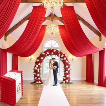 Imagem de leegleri Cortina de teto vermelha de 60 pés × 20 pés para festas de casamento, tecido drapeado de poliéster sem rugas, cortina vermelha para festa, barraca, hotel, banquete, salão, decoração de teto