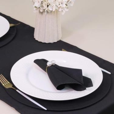 Imagem de Kit Mesa Posta Preto 2 Lugares com Sousplat de MDF e Anel de Pérola Clássico - 7 peças, Guardanapo, Tecido, Jogo Americano, Jantar, Casamento, Festa, Natal e Decoração