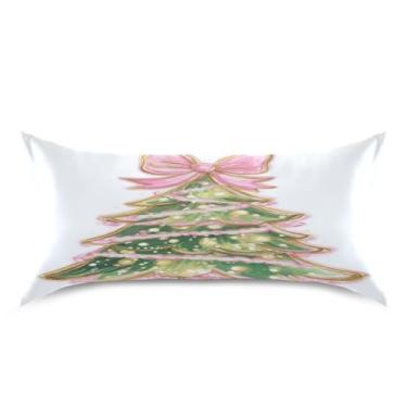 Imagem de ATTX Fronha de almofada de árvore de Natal com laço rosa com fecho de envelope para cabelo e pele, macia, respirável, suave, ambos os lados, capa de almofada de seda refrescante (King 50 cm × 101 cm