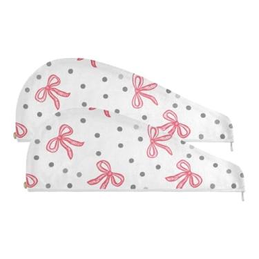 Imagem de SEHANY Linda toalha de cabelo de microfibra com laço rosa para mulheres, 2 peças, turbantes de cabelo de secagem rápida com botão, touca de cabelo seco absorvente toalha de secagem de cabelo para