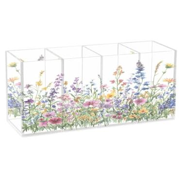 Imagem de SEHANY Porta-canetas de acrílico com flores silvestres coloridas, 4 compartimentos, porta-lápis transparente, organizador de pincéis de maquiagem, organizador de papelaria para escritório, casa