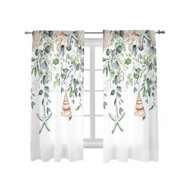 Imagem de Cortinas transparentes costeiras de primavera para quarto e sala de estar, cortinas de café com folhas de eucalipto 153 polegadas de comprimento, conchas de estrela do mar, bolso de haste, cortinas de