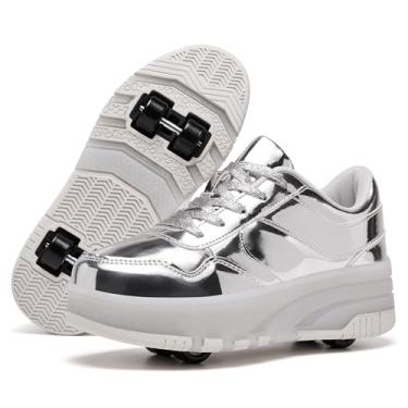 Imagem de ANEFUN Tênis de patins com rodas para meninas, meninos e crianças, tênis de skate com rodas destacáveis, Prata, 13 Little Kid