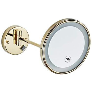 Imagem de LMJYU Espelho de maquiagem LED, ampliação de 3x, espelho de beleza montado na parede, espelho de banheiro giratório de 360°, espelho cosmético extensível, alimentado por plugue, dourado