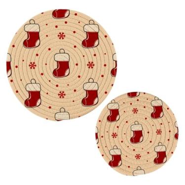 Imagem de Wassud Conjunto de trivet de meias de Natal para pratos quentes, suportes redondos de panela, almofadas quentes de algodão, porta-copos resistentes ao calor para decoração de cozinha, bancada, 2 peças