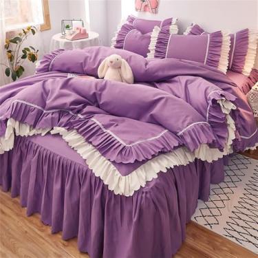 Imagem de XLCZMYL Jogo de cama de renda rosa com babados e saia de cama de luxo, colcha de edredom para meninas, princesa, roxo, para cama de 1,8 m, 4 peças