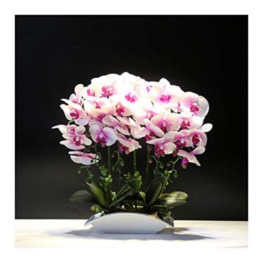 Imagem de LMJYU Planta em vaso de orquídea artificial tamanho king - decoração artificial de planta de orquídea PU buquê de flores artificiais falsas com vaso branco para escritório/rosa