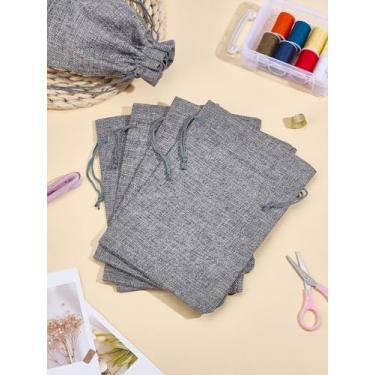 Imagem de 5 bolsas de embalagem de serapilheira de imitação de poliéster, sacos de presente de serapilheira cinza retangulares com cordão para festa de casamento de Natal e embalagem de artesanato DIY, 23 x 17