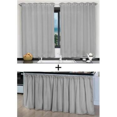 Imagem de Kit Cortina De Cozinha E Pia Balcão Tecido Liso Cinza - Confeccoes Elb