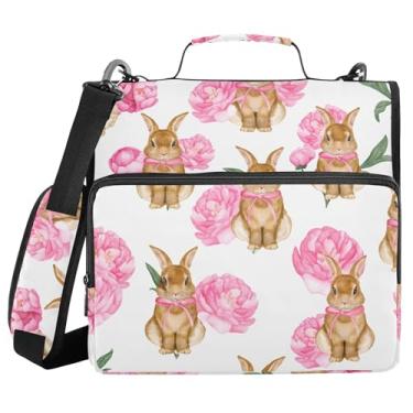 Imagem de Burbuja Pasta de fichário com zíper de flor de coelho com 3 anéis com lixa expansível e alça de ombro serve para laptop de 13 polegadas, vários bolsos para trabalho de escritório