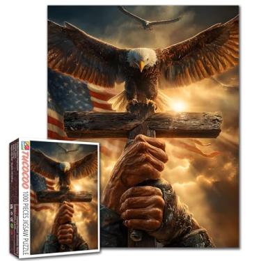 Imagem de Quebra-cabeças com bandeira da América, 1000 peças para adultos, famílias (águia careca, cruz, cristianismo, bandeira nacional patriótica) peças se encaixam perfeitamente 40 x 70 cm arte de