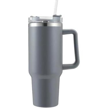 Imagem de Copo Térmico de Aço Inoxidável 1200ml com Alça, Parede Dupla, Tampa com Canudo, Isolamento Térmico, Cilíndrico, Moderno cinza escuro