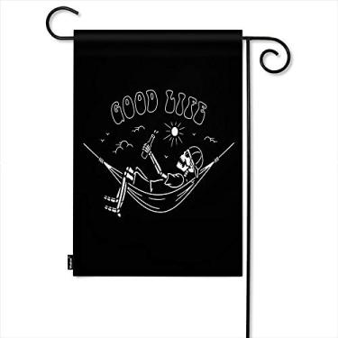 Imagem de Moslion Good Life Bandeira de jardim citação legal caveira esqueleto engraçado pássaros cerveja verão praia vocação verão sazonal jardim bandeira decorativa exterior dupla face algodão linho 12x18