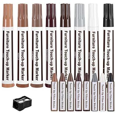 Imagem de Kit de Reparo Móveis Canetas Remendo Madeira Arranhões em Laminado Bastões Cera para Marcadores Conjunto 17 e com Afiador Manchas Golas