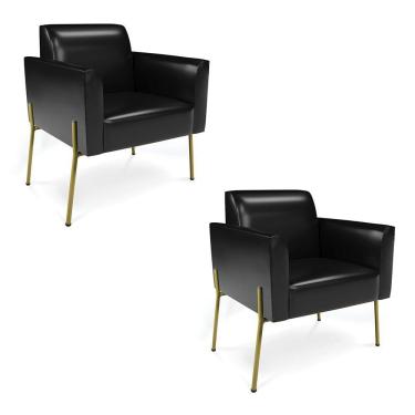 Imagem de Poltrona Pé De Ferro Dourado Kit 2 Para Sala Marisa Corano Preto D03